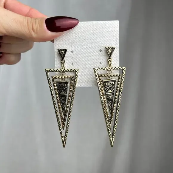 Gold Tone Tiered Triangle Cairo Dangle Earrings Black Geo Geometric Boho Jewelry - Picture 2 of 16